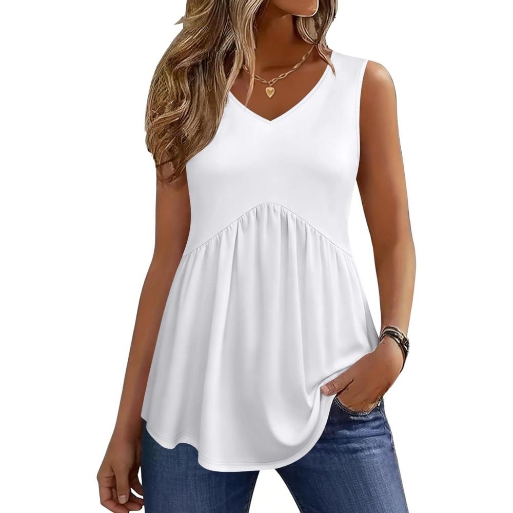 imageZeagoo Womens Tops 2026 Flowy Peplum Summer V Neck Babydoll Tank Top Casual Beach Vacation ClothesWhite