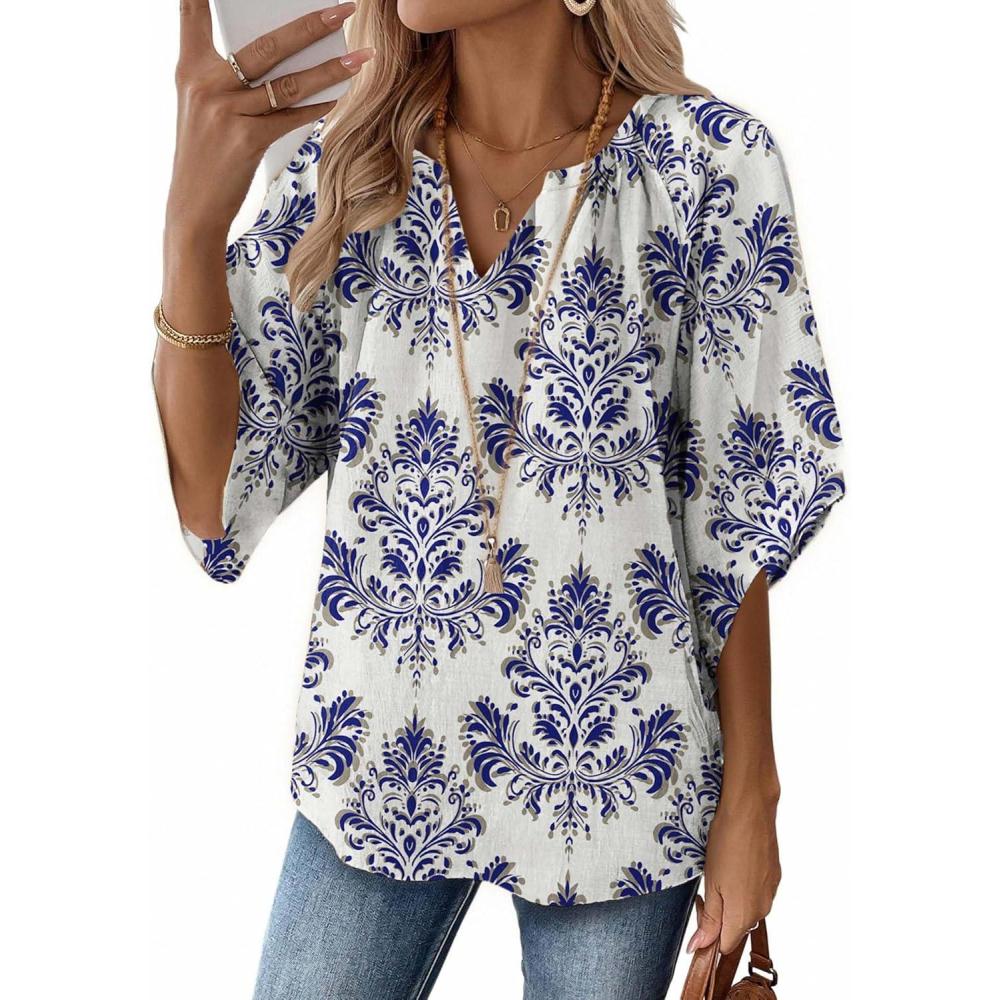 imageZeagoo Womens Tops 34 Sleeve V Neck Bohemian Blouses Casual Loose Fit Tunic Boho Shirts Floral Printed ClothesBlue Boho Mz903