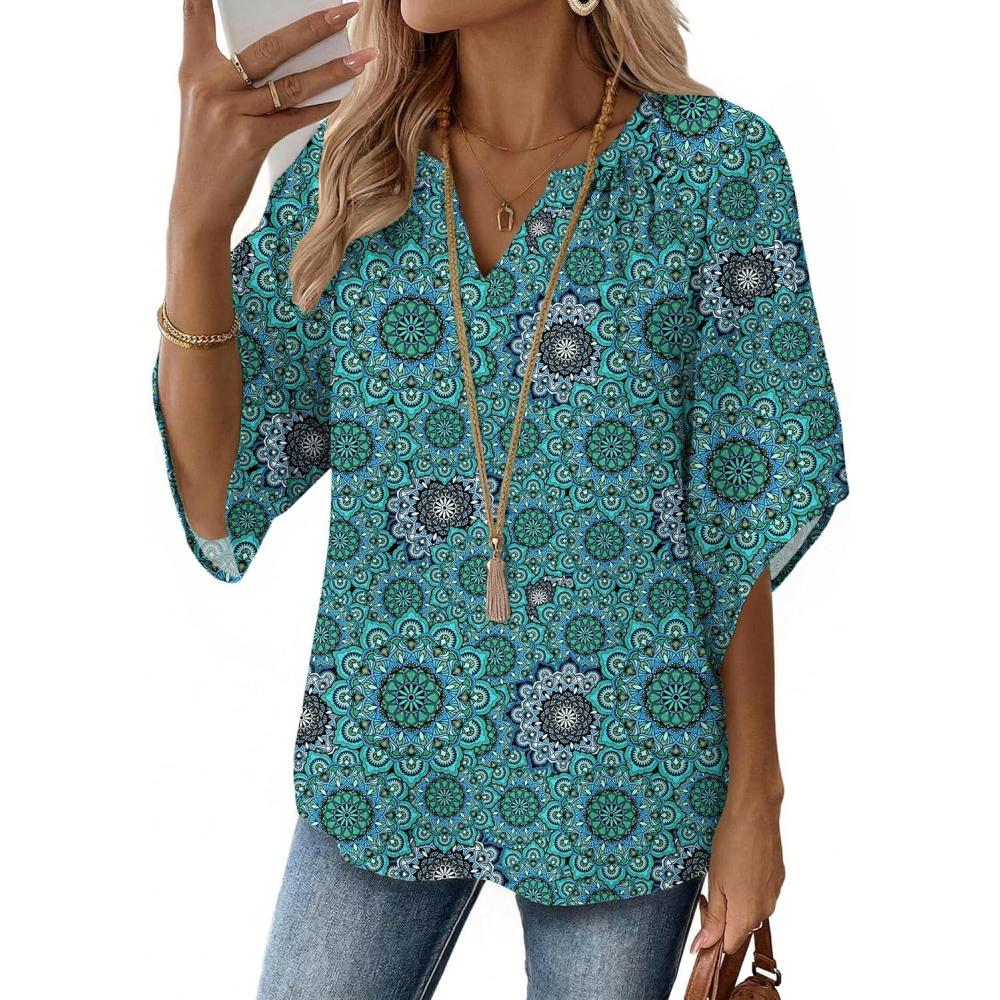 imageZeagoo Womens Tops 34 Sleeve V Neck Bohemian Blouses Casual Loose Fit Tunic Boho Shirts Floral Printed ClothesBlue Floral Mz858