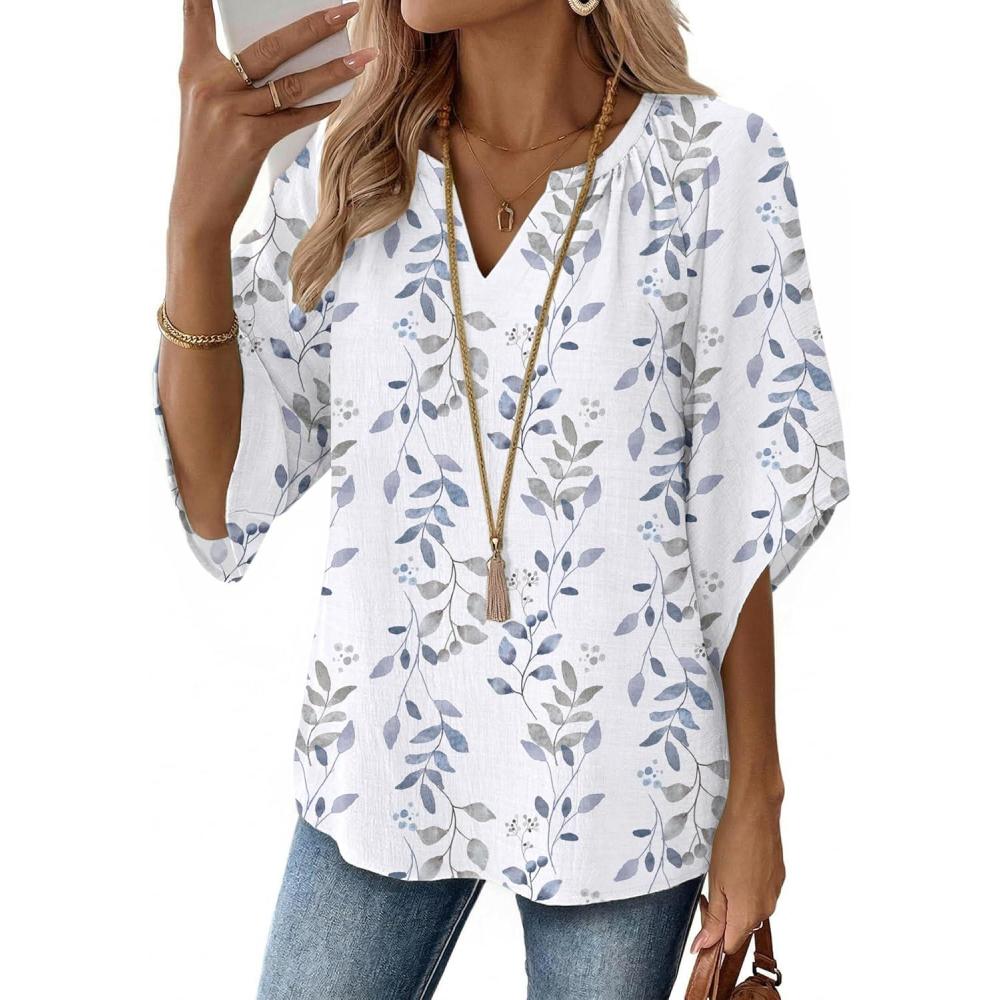 imageZeagoo Womens Tops 34 Sleeve V Neck Bohemian Blouses Casual Loose Fit Tunic Boho Shirts Floral Printed ClothesBlue Leaf Sp106