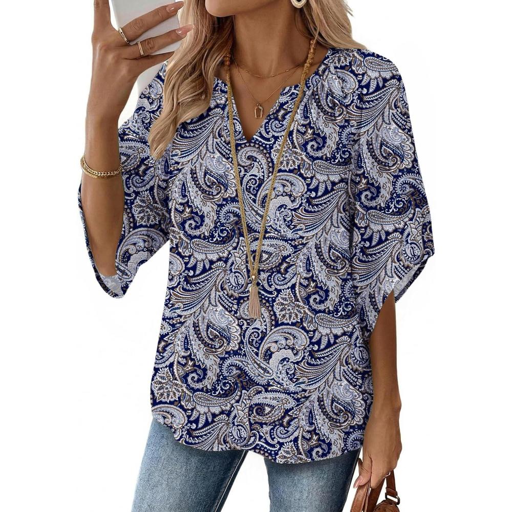 imageZeagoo Womens Tops 34 Sleeve V Neck Bohemian Blouses Casual Loose Fit Tunic Boho Shirts Floral Printed ClothesBlue Pattern Mz473