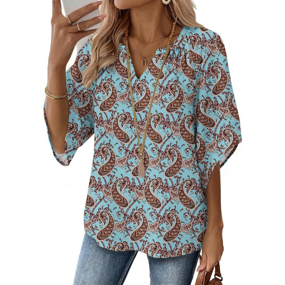 imageZeagoo Womens Tops 34 Sleeve V Neck Bohemian Blouses Casual Loose Fit Tunic Boho Shirts Floral Printed ClothesBoho Multicolo Mz899