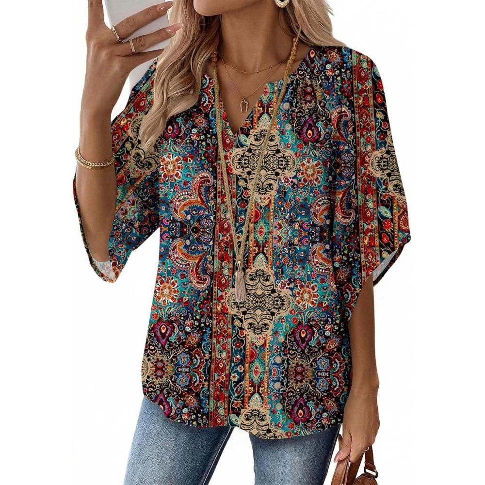imageZeagoo Womens Tops 34 Sleeve V Neck Bohemian Blouses Casual Loose Fit Tunic Boho Shirts Floral Printed ClothesBoho Multicolor Mz721