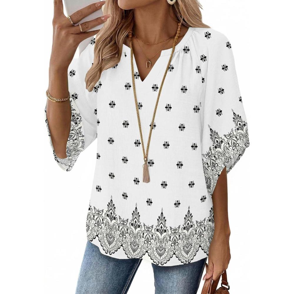 imageZeagoo Womens Tops 34 Sleeve V Neck Bohemian Blouses Casual Loose Fit Tunic Boho Shirts Floral Printed ClothesMulti Apricot Mz920