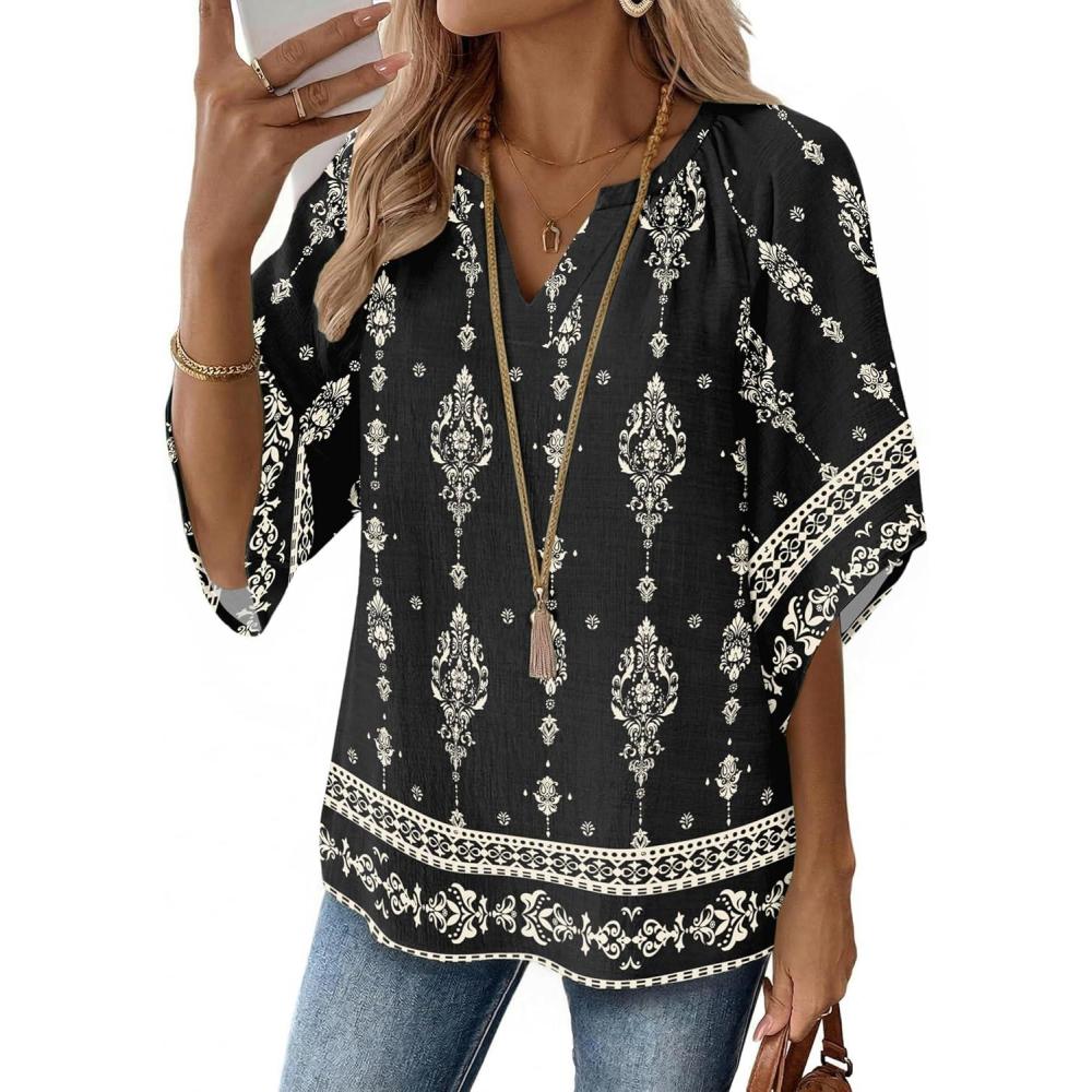 imageZeagoo Womens Tops 34 Sleeve V Neck Bohemian Blouses Casual Loose Fit Tunic Boho Shirts Floral Printed ClothesMulti Black Mz921