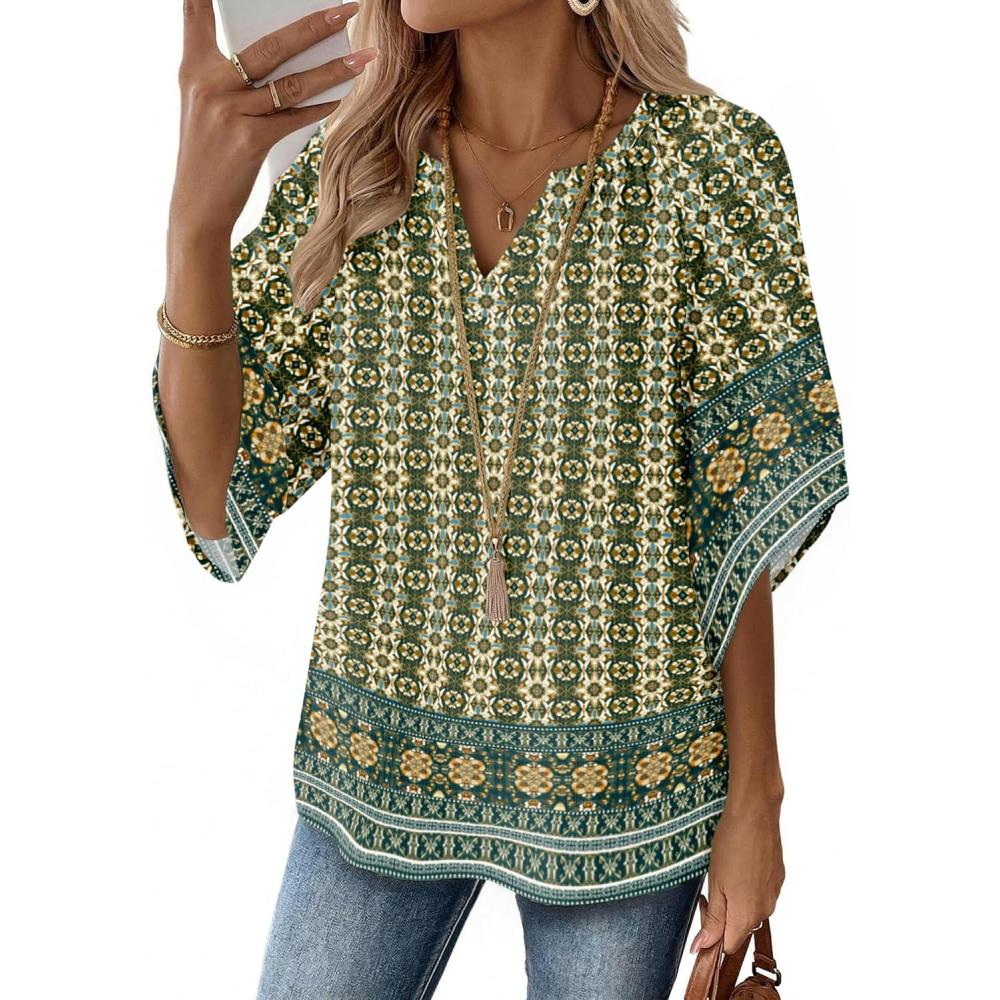 imageZeagoo Womens Tops 34 Sleeve V Neck Bohemian Blouses Casual Loose Fit Tunic Boho Shirts Floral Printed ClothesMulti Blue Mz925