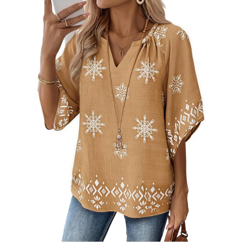 imageZeagoo Womens Tops 34 Sleeve V Neck Bohemian Blouses Casual Loose Fit Tunic Boho Shirts Floral Printed ClothesMulti Coffee Mz917