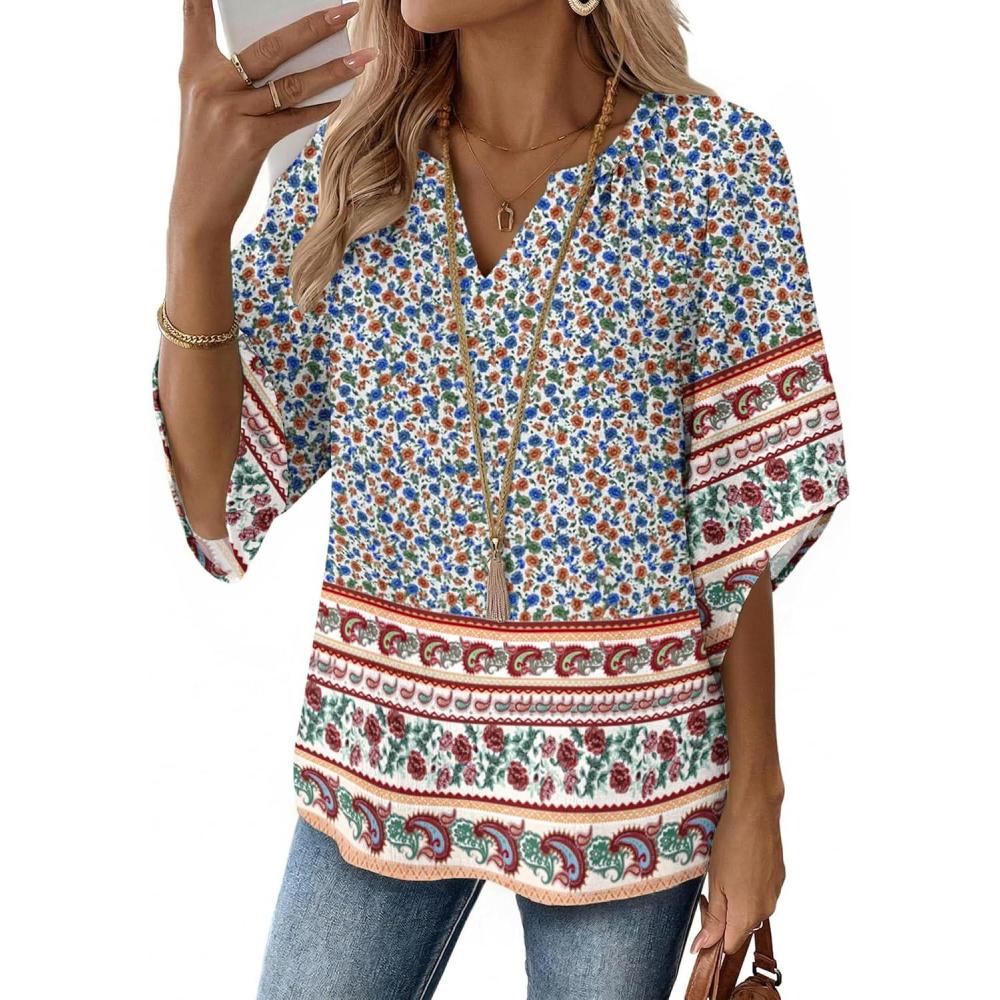 imageZeagoo Womens Tops 34 Sleeve V Neck Bohemian Blouses Casual Loose Fit Tunic Boho Shirts Floral Printed ClothesMulti Floral Mz914
