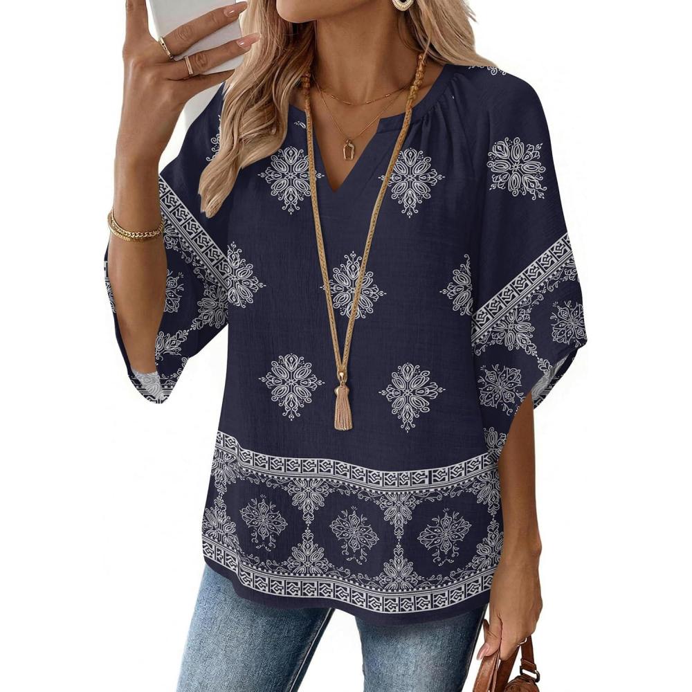 imageZeagoo Womens Tops 34 Sleeve V Neck Bohemian Blouses Casual Loose Fit Tunic Boho Shirts Floral Printed ClothesNavy Blue Mz918