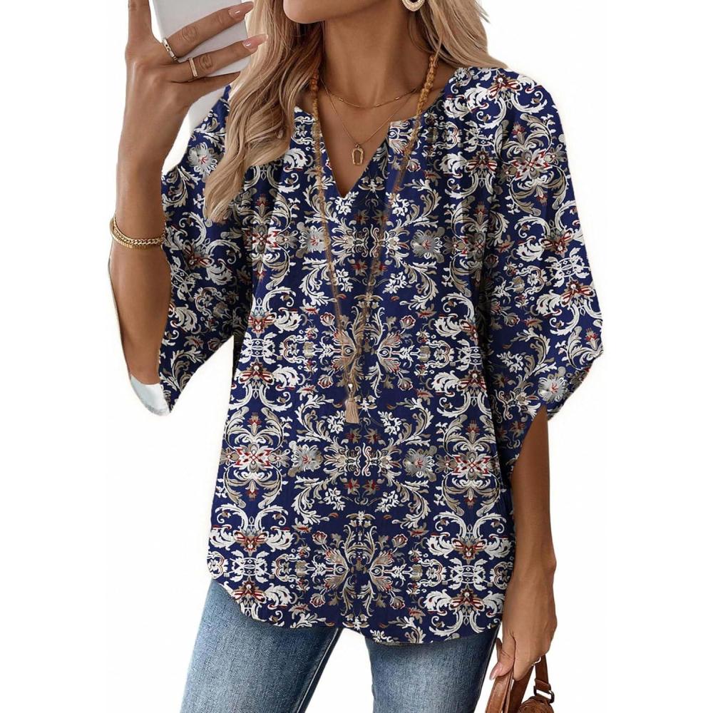 imageZeagoo Womens Tops 34 Sleeve V Neck Bohemian Blouses Casual Loose Fit Tunic Boho Shirts Floral Printed ClothesNavy Floral Mz869