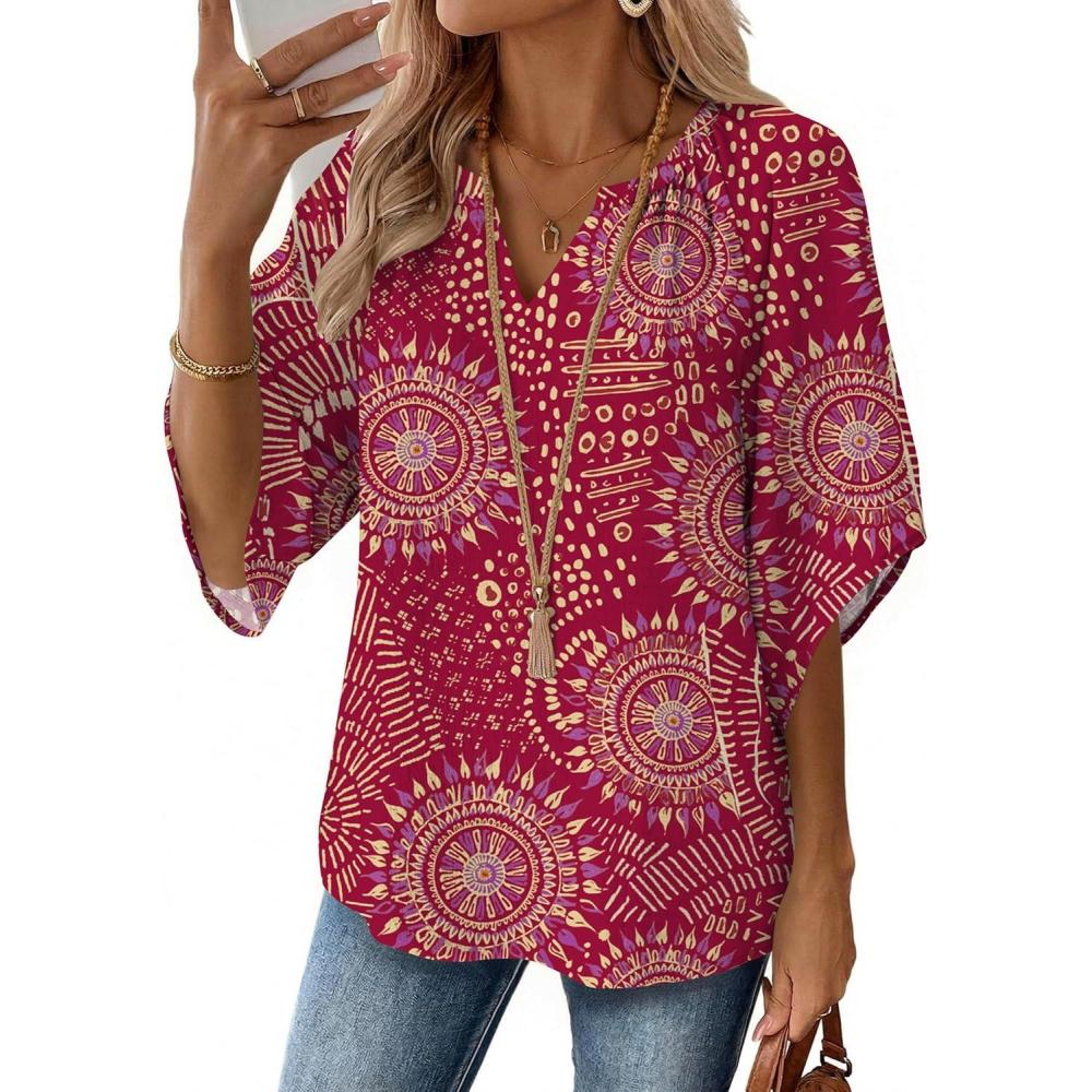 imageZeagoo Womens Tops 34 Sleeve V Neck Bohemian Blouses Casual Loose Fit Tunic Boho Shirts Floral Printed ClothesPink Boho Cx320