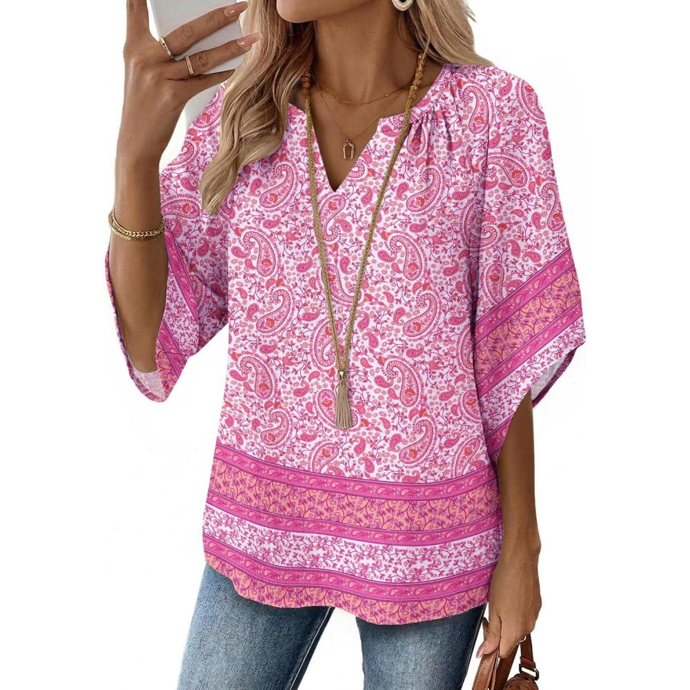 imageZeagoo Womens Tops 34 Sleeve V Neck Bohemian Blouses Casual Loose Fit Tunic Boho Shirts Floral Printed ClothesPink Floral Mz744