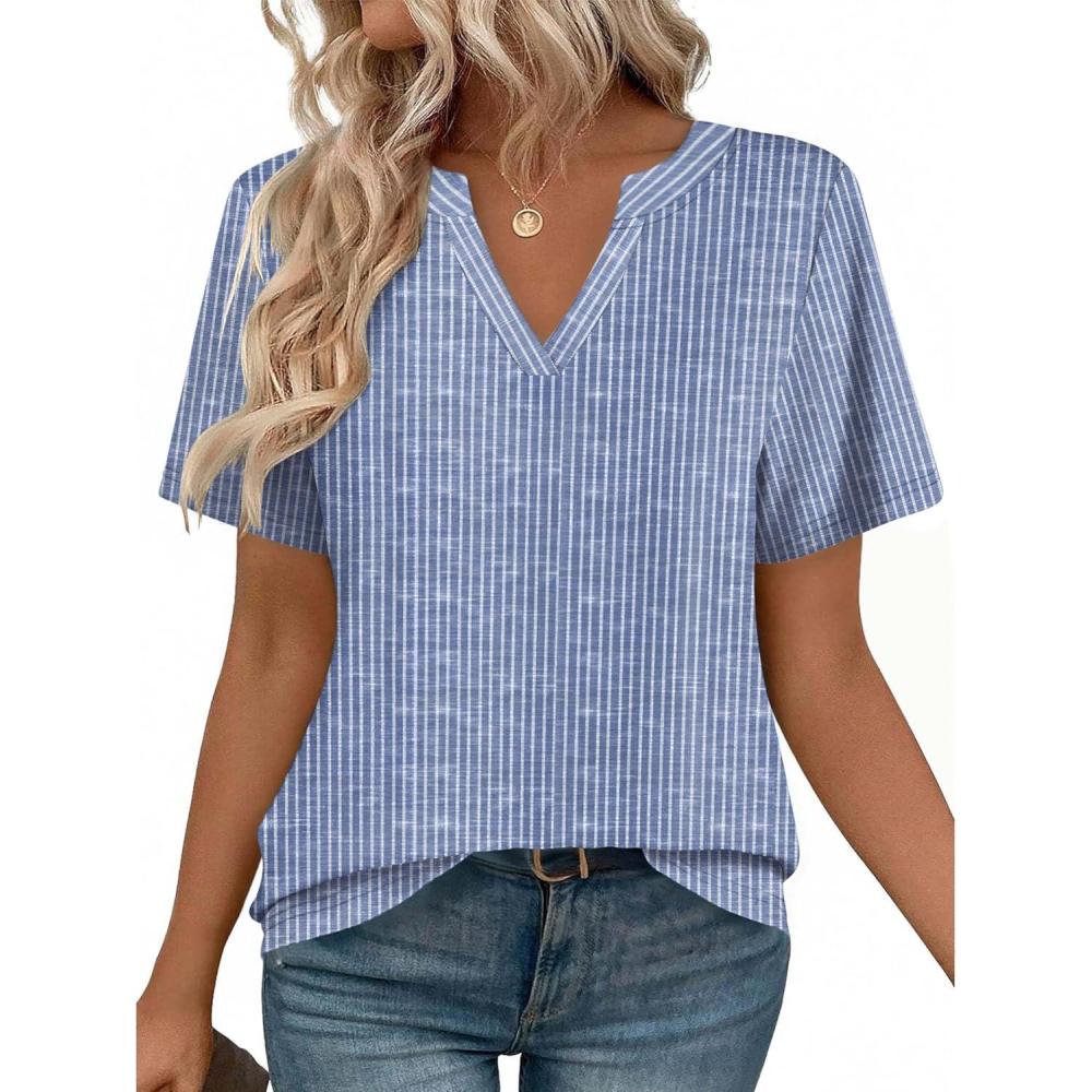imageZeagoo Womens Tops Short Sleeve V Neck Tee Shirts Cute Dressy Casual Clothing Business Work BlouseBlue and White Stripes Tz273