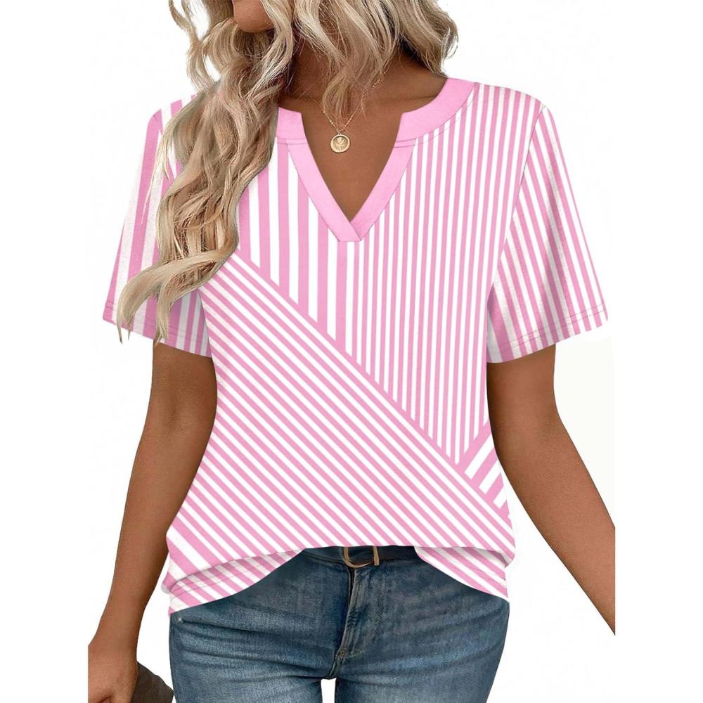imageZeagoo Womens Tops Short Sleeve V Neck Tee Shirts Cute Dressy Casual Clothing Business Work BlousePink and White Stripes Tz300