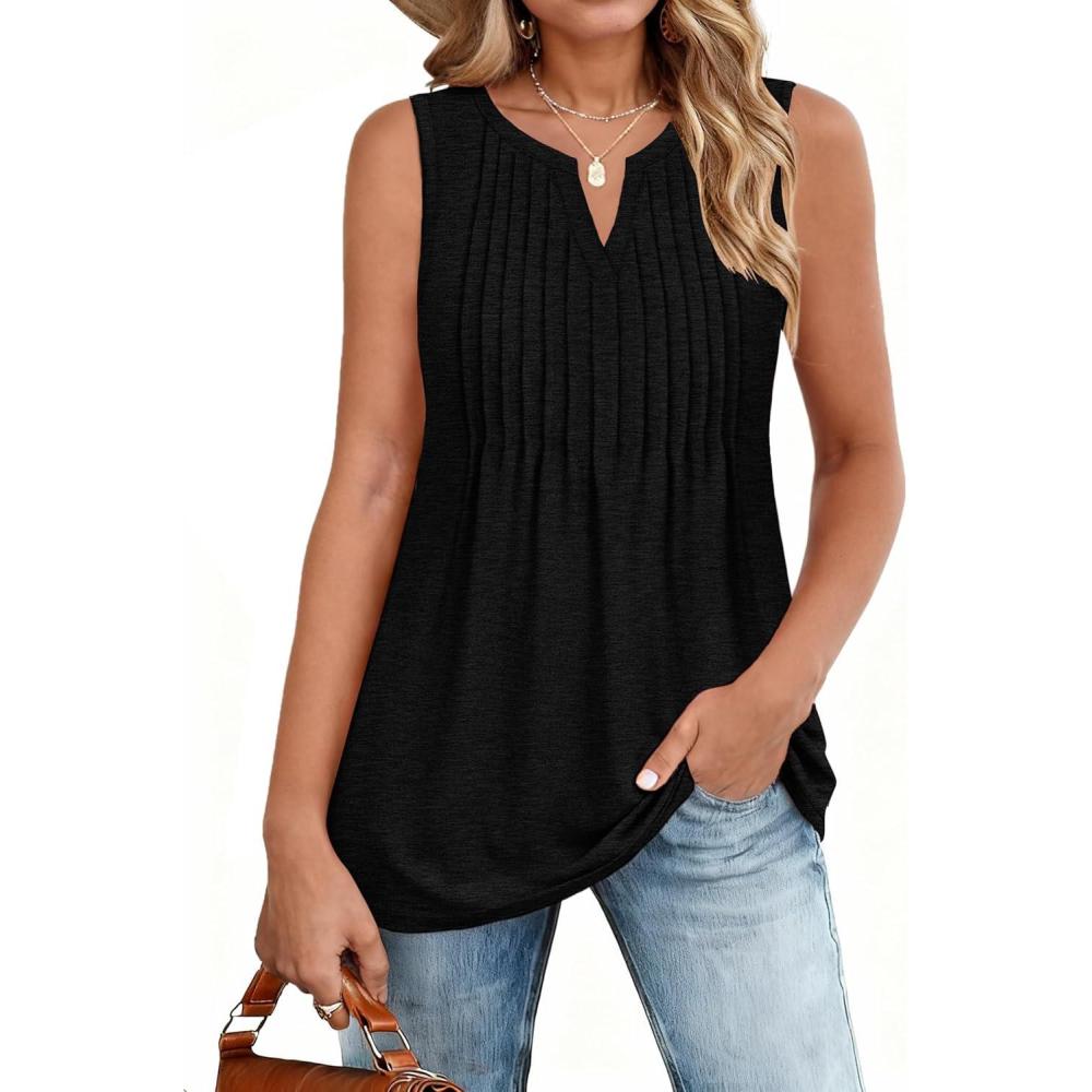 imageZeagoo Womens Tops Summer Pleated Sleeveless Tank Top V Neck Dressy Casual Flowy Boho Tunic ShirtsBlack