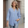 Zeagoo Button Down Shirts for Women 3/4 Sleeve Linen Cotton V Neck Tops Dressy Casual Loose Work Blouses(Blue Stripes-sa1)