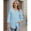 Zeagoo Button Down Shirts for Women 3/4 Sleeve Linen Cotton V Neck Tops Dressy Casual Loose Work Blouses(Light Blue)
