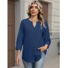 Zeagoo Button Down Shirts for Women 3/4 Sleeve Linen Cotton V Neck Tops Dressy Casual Loose Work Blouses(Navy Blue-sa1)