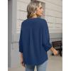 Zeagoo Button Down Shirts for Women 3/4 Sleeve Linen Cotton V Neck Tops Dressy Casual Loose Work Blouses(Navy Blue-sa1)