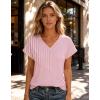 Zeagoo Womens Summer Tops Rolled Short Sleeve V Neck Shirts Casual Dressy Business Work Blouses Outfits(Pink Stripes-tz300)