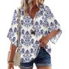Zeagoo Womens Tops 3/4 Sleeve V Neck Bohemian Blouses Casual Loose Fit Tunic Boho Shirts Floral Printed Clothes(Blue Boho Mz903)