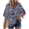Zeagoo Womens Tops 3/4 Sleeve V Neck Bohemian Blouses Casual Loose Fit Tunic Boho Shirts Floral Printed Clothes(Blue Pattern Mz473)