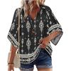 Zeagoo Womens Tops 3/4 Sleeve V Neck Bohemian Blouses Casual Loose Fit Tunic Boho Shirts Floral Printed Clothes(Multi Black Mz921)