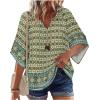 Zeagoo Womens Tops 3/4 Sleeve V Neck Bohemian Blouses Casual Loose Fit Tunic Boho Shirts Floral Printed Clothes(Multi Blue Mz925)