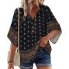 Zeagoo Womens Tops 3/4 Sleeve V Neck Bohemian Blouses Casual Loose Fit Tunic Boho Shirts Floral Printed Clothes(Multicolor Black Mz930)