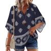 Zeagoo Womens Tops 3/4 Sleeve V Neck Bohemian Blouses Casual Loose Fit Tunic Boho Shirts Floral Printed Clothes(Navy Blue Mz918)