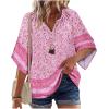Zeagoo Womens Tops 3/4 Sleeve V Neck Bohemian Blouses Casual Loose Fit Tunic Boho Shirts Floral Printed Clothes(Pink Floral Mz744)