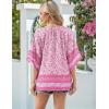Zeagoo Womens Tops 3/4 Sleeve V Neck Bohemian Blouses Casual Loose Fit Tunic Boho Shirts Floral Printed Clothes(Pink Floral Mz744)