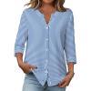 Zeagoo Button Down Shirts for Women 3/4 Sleeve Linen Cotton V Neck Tops Dressy Casual Loose Work Blouses(Blue Stripes-sa1)