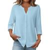 Zeagoo Button Down Shirts for Women 3/4 Sleeve Linen Cotton V Neck Tops Dressy Casual Loose Work Blouses(Light Blue)