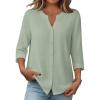 Zeagoo Button Down Shirts for Women 3/4 Sleeve Linen Cotton V Neck Tops Dressy Casual Loose Work Blouses(Light Green)