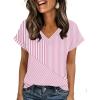 Zeagoo Womens Summer Tops Rolled Short Sleeve V Neck Shirts Casual Dressy Business Work Blouses Outfits(Pink Stripes-tz300)