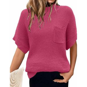 Women 2026 Sweater Vest Mock Neck Batwing Short Sleeve Oversized Ribbed Knit Tops Fall Pullover Sweater S-XXL(Rose Red)