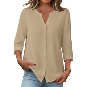 Zeagoo Button Down Shirts for Women 3/4 Sleeve Linen Cotton V Neck Tops Dressy Casual Loose Work Blouses(Beige)