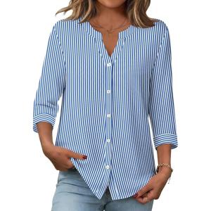 Zeagoo Button Down Shirts for Women 3/4 Sleeve Linen Cotton V Neck Tops Dressy Casual Loose Work Blouses(Blue Stripes-sa1)