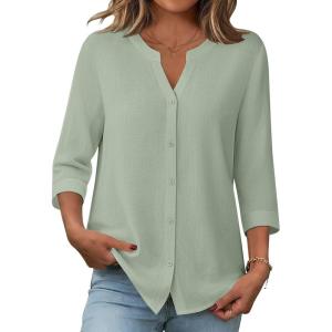 Zeagoo Button Down Shirts for Women 3/4 Sleeve Linen Cotton V Neck Tops Dressy Casual Loose Work Blouses(Light Green)
