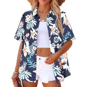 Zeagoo Hawaiian Shirts for Women Tropical Floral Button Down Short Sleeve Blouses Summer Beach Shirt Vacation Tops(A-dark Blue)