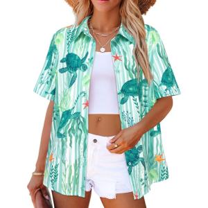 Zeagoo Hawaiian Shirts for Women Tropical Floral Button Down Short Sleeve Blouses Summer Beach Shirt Vacation Tops(Green Turtle)