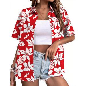 Zeagoo Hawaiian Shirts for Women Tropical Floral Button Down Short Sleeve Blouses Summer Beach Shirt Vacation Tops(Red-white Floral)