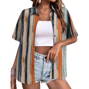 Zeagoo Hawaiian Shirts for Women Tropical Floral Button Down Short Sleeve Blouses Summer Beach Shirt Vacation Tops(Stripes Multicolor)