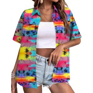 Zeagoo Hawaiian Shirts for Women Tropical Floral Button Down Short Sleeve Blouses Summer Beach Shirt Vacation Tops(Tropical Coconut Pink)
