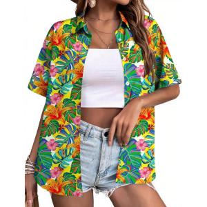 Zeagoo Hawaiian Shirts for Women Tropical Floral Button Down Short Sleeve Blouses Summer Beach Shirt Vacation Tops(Tropical Plants)