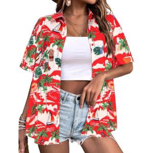 Zeagoo Hawaiian Shirts for Women Tropical Floral Button Down Short Sleeve Blouses Summer Beach Shirt Vacation Tops(Z-red Christmas)