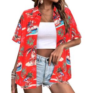 Zeagoo Hawaiian Shirts for Women Tropical Floral Button Down Short Sleeve Blouses Summer Beach Shirt Vacation Tops(Z-red Christmas Hawaiian)