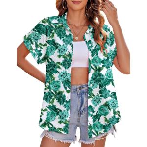 Zeagoo Ladies Button Down Shirts Short Sleeve Hawaiian Top V Neck Boho Leaf Print Summer Outfit Blouses