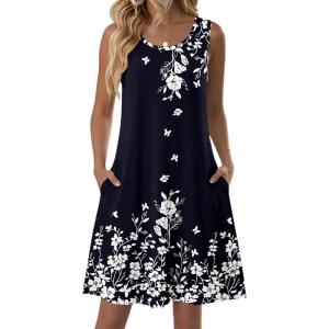 Zeagoo Summer Dresses for Women 2026 Sleeveless Casual Floral Tshirt Sundress with Pockets Loose Tank Beach Dress(Navy Blue Floral)